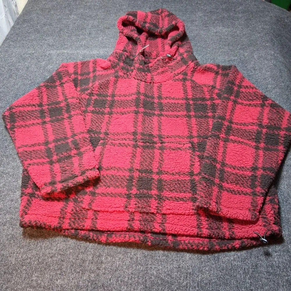 PINK‎ Victoria’s Secret Sherpa Hoodie XL Red Buffalo Plaid Pullover Cozy Toasty